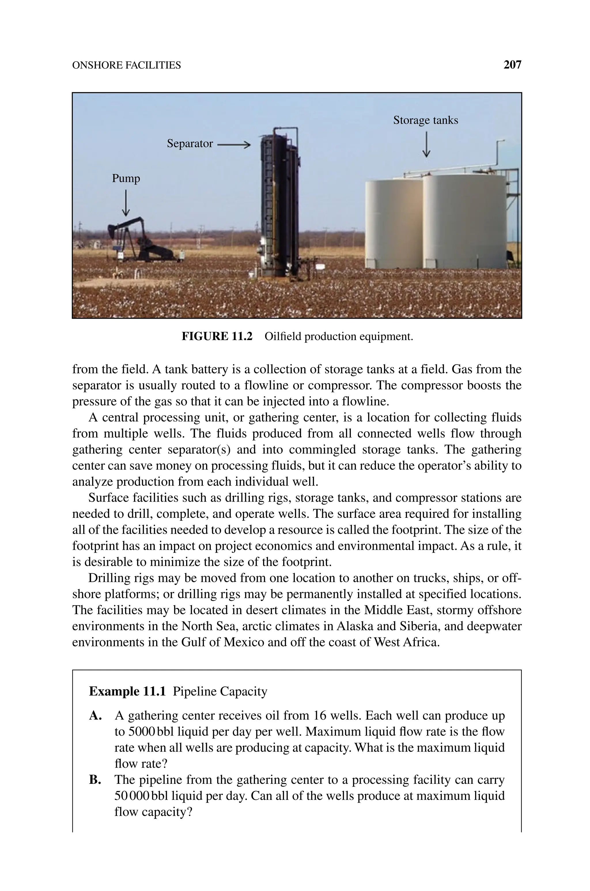 ONSHORE FACILITIES 207
from the field. A tank battery is a collection of storage tanks at a field. Gas from the
separator is usually routed to a flowline or compressor. The compressor boosts the
pressure of the gas so that it can be injected into a flowline.
A central processing unit, or gathering center, is a location for collecting fluids
from multiple wells. The fluids produced from all connected wells flow through
gathering center separator(s) and into commingled storage tanks. The gathering
center can save money on processing fluids, but it can reduce the operator’s ability to
analyze production from each individual well.
Surface facilities such as drilling rigs, storage tanks, and compressor stations are
needed to drill, complete, and operate wells. The surface area required for installing
all of the facilities needed to develop a resource is called the footprint. The size of the
footprint has an impact on project economics and environmental impact. As a rule, it
is desirable to minimize the size of the footprint.
Drilling rigs may be moved from one location to another on trucks, ships, or off-
shore platforms; or drilling rigs may be permanently installed at specified locations.
The facilities may be located in desert climates in the Middle East, stormy offshore
environments in the North Sea, arctic climates in Alaska and Siberia, and deepwater
environments in the Gulf of Mexico and off the coast of West Africa.
Pump
Separator
Storage tanks
Figure 11.2 Oilfield production equipment.
Example 11.1 Pipeline Capacity
A. 
A gathering center receives oil from 16 wells. Each well can produce up
to 5000bbl liquid per day per well. Maximum liquid flow rate is the flow
rate when all wells are producing at capacity. What is the maximum liquid
flow rate?
B. 
The pipeline from the gathering center to a processing facility can carry
50000bbl liquid per day. Can all of the wells produce at maximum liquid
flow capacity?
 