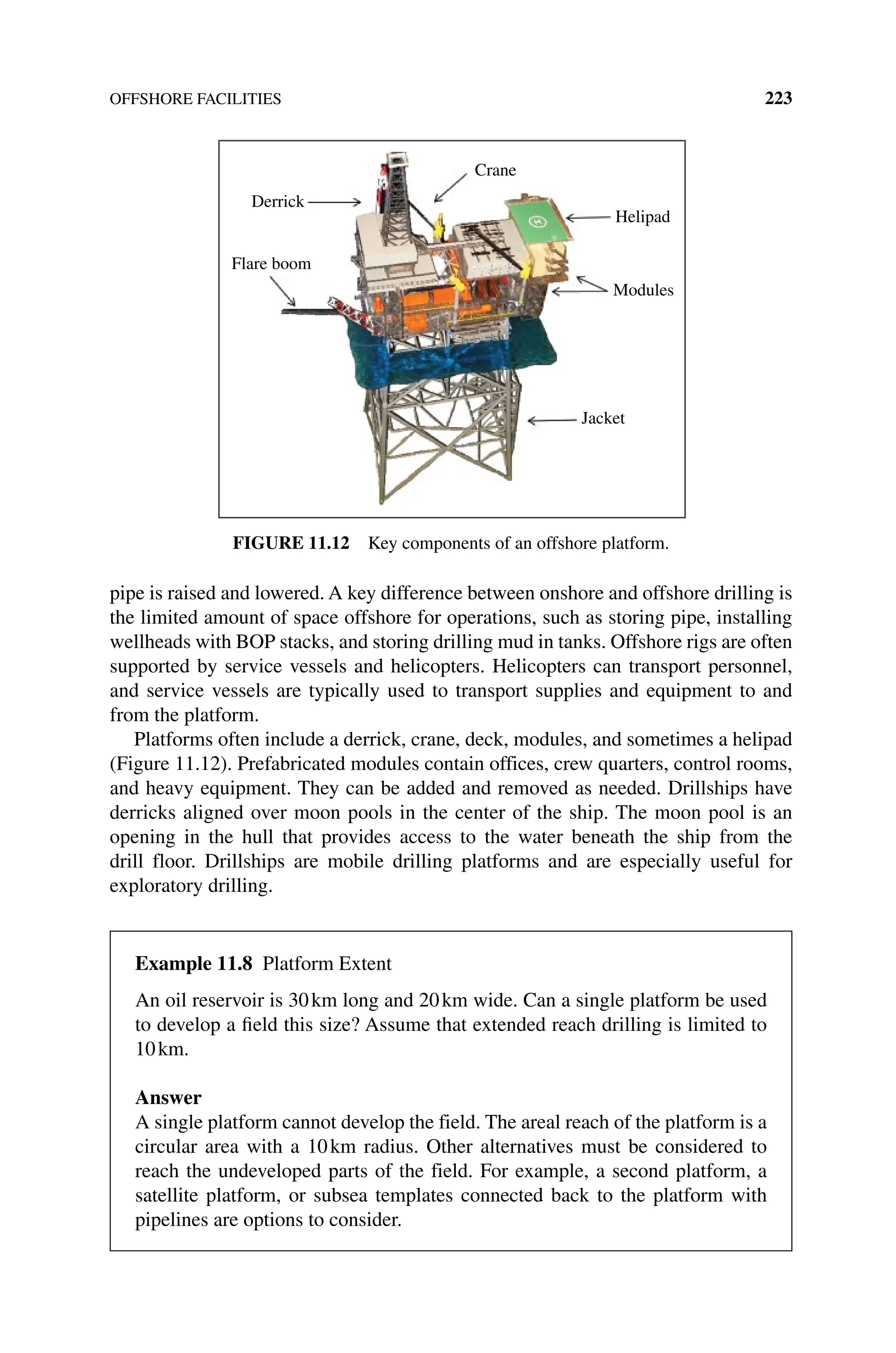 OFFSHORE FACILITIES 223
pipe is raised and lowered. A key difference between onshore and offshore drilling is
the limited amount of space offshore for operations, such as storing pipe, installing
wellheads with BOP stacks, and storing drilling mud in tanks. Offshore rigs are often
supported by service vessels and helicopters. Helicopters can transport personnel,
and service vessels are typically used to transport supplies and equipment to and
from the platform.
Platforms often include a derrick, crane, deck, modules, and sometimes a helipad
(Figure 11.12). Prefabricated modules contain offices, crew quarters, control rooms,
and heavy equipment. They can be added and removed as needed. Drillships have
derricks aligned over moon pools in the center of the ship. The moon pool is an
opening in the hull that provides access to the water beneath the ship from the
drill floor. Drillships are mobile drilling platforms and are especially useful for
exploratory drilling.
Derrick
Flare boom
Crane
Helipad
Modules
Jacket
Figure 11.12 Key components of an offshore platform.
Example 11.8 Platform Extent
An oil reservoir is 30km long and 20km wide. Can a single platform be used
to develop a field this size? Assume that extended reach drilling is limited to
10km.
Answer
A single platform cannot develop the field. The areal reach of the platform is a
circular area with a 10km radius. Other alternatives must be considered to
reach the undeveloped parts of the field. For example, a second platform, a
satellite platform, or subsea templates connected back to the platform with
pipelines are options to consider.
 
