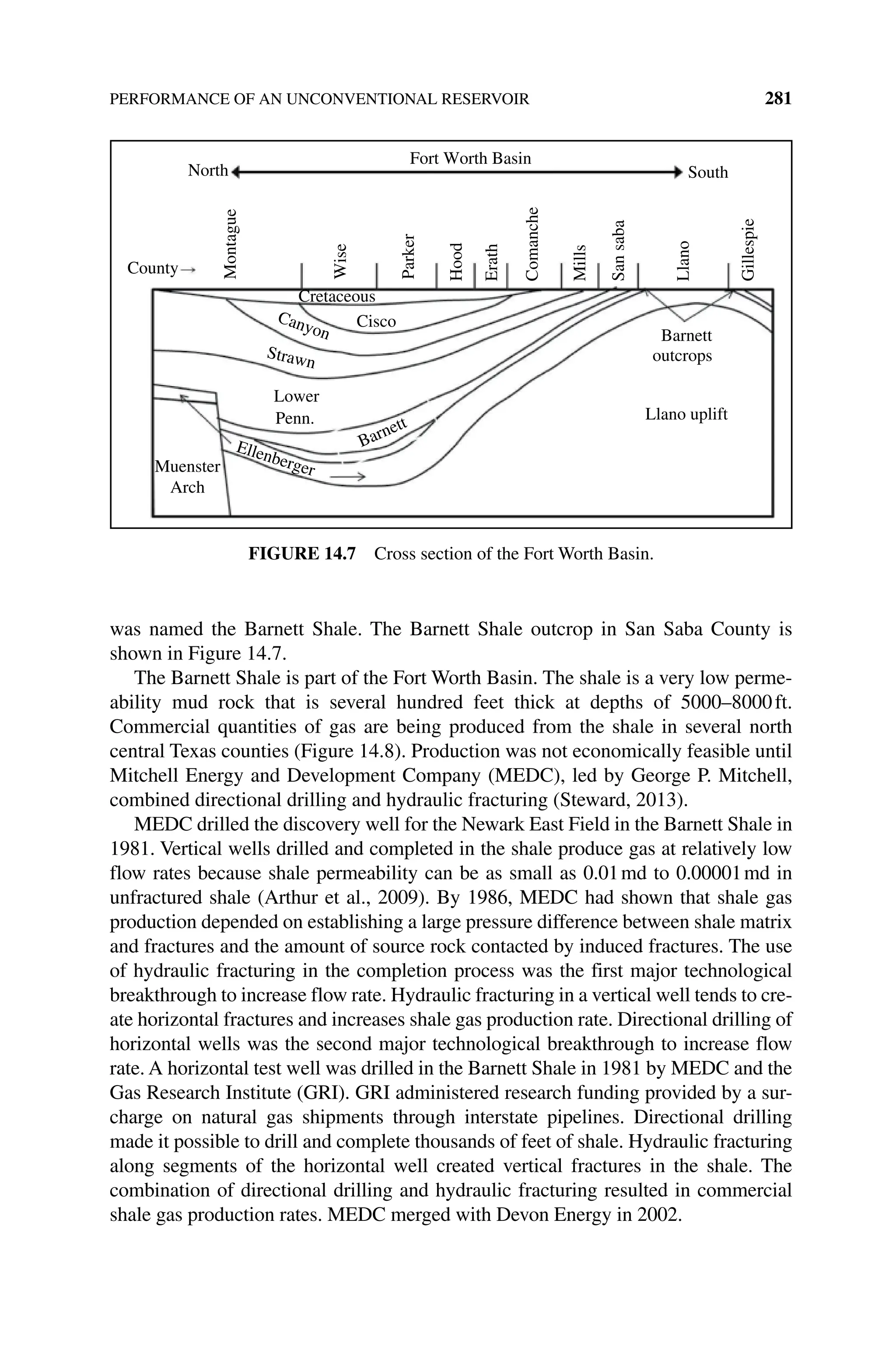 PERFORMANCE OF AN UNCONVENTIONAL RESERVOIR 281
was named the Barnett Shale. The Barnett Shale outcrop in San Saba County is
shown in Figure 14.7.
The Barnett Shale is part of the Fort Worth Basin. The shale is a very low perme‑
ability mud rock that is several hundred feet thick at depths of 5000–8000ft.
Commercial quantities of gas are being produced from the shale in several north
central Texas counties (Figure 14.8). Production was not economically feasible until
Mitchell Energy and Development Company (MEDC), led by George P. Mitchell,
combined directional drilling and hydraulic fracturing (Steward, 2013).
MEDC drilled the discovery well for the Newark East Field in the Barnett Shale in
1981. Vertical wells drilled and completed in the shale produce gas at relatively low
flow rates because shale permeability can be as small as 0.01md to 0.00001md in
unfractured shale (Arthur et al., 2009). By 1986, MEDC had shown that shale gas
production depended on establishing a large pressure difference between shale matrix
and fractures and the amount of source rock contacted by induced fractures. The use
of hydraulic fracturing in the completion process was the first major technological
breakthrough to increase flow rate. Hydraulic fracturing in a vertical well tends to cre‑
ate horizontal fractures and increases shale gas production rate. Directional drilling of
horizontal wells was the second major technological breakthrough to increase flow
rate. A horizontal test well was drilled in the Barnett Shale in 1981 by MEDC and the
Gas Research Institute (GRI). GRI administered research funding provided by a sur‑
charge on natural gas shipments through interstate pipelines. Directional drilling
made it possible to drill and complete thousands of feet of shale. Hydraulic fracturing
along segments of the horizontal well created vertical fractures in the shale. The
combination of directional drilling and hydraulic fracturing resulted in commercial
shale gas production rates. MEDC merged with Devon Energy in 2002.
North
Fort Worth Basin
South
County
Montague
Wise
Hood
Erath
Comanche
Mills
San
saba
Llano
Gillespie
Cretaceous
Cisco
Canyon
Strawn
Lower
Penn.
Barnett
Ellenberger
Muenster
Arch
Barnett
outcrops
Llano uplift
Parker
Figure 14.7 Cross section of the Fort Worth Basin.
 