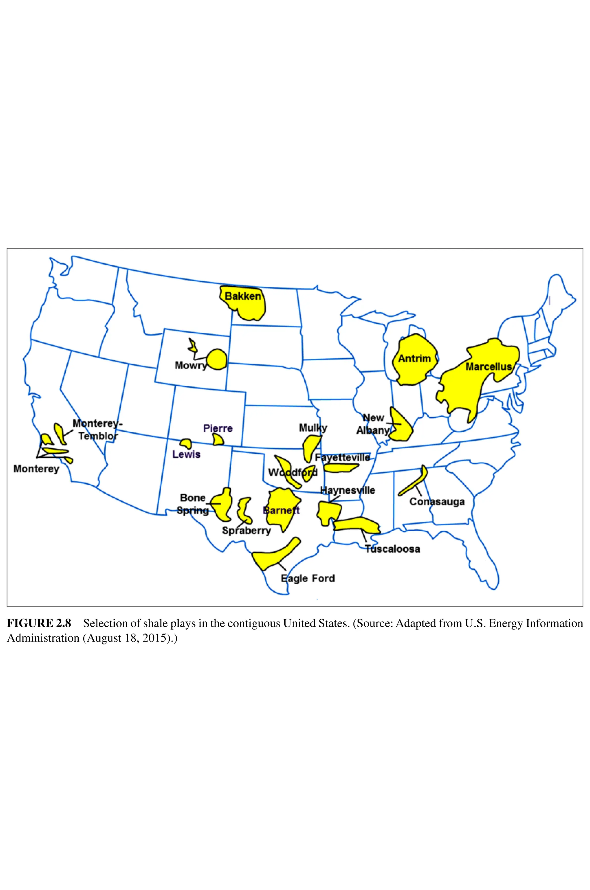 Figure 2.8 Selection of shale plays in the contiguous United States. (Source: Adapted from U.S. Energy Information
Administration (August 18, 2015).)
 