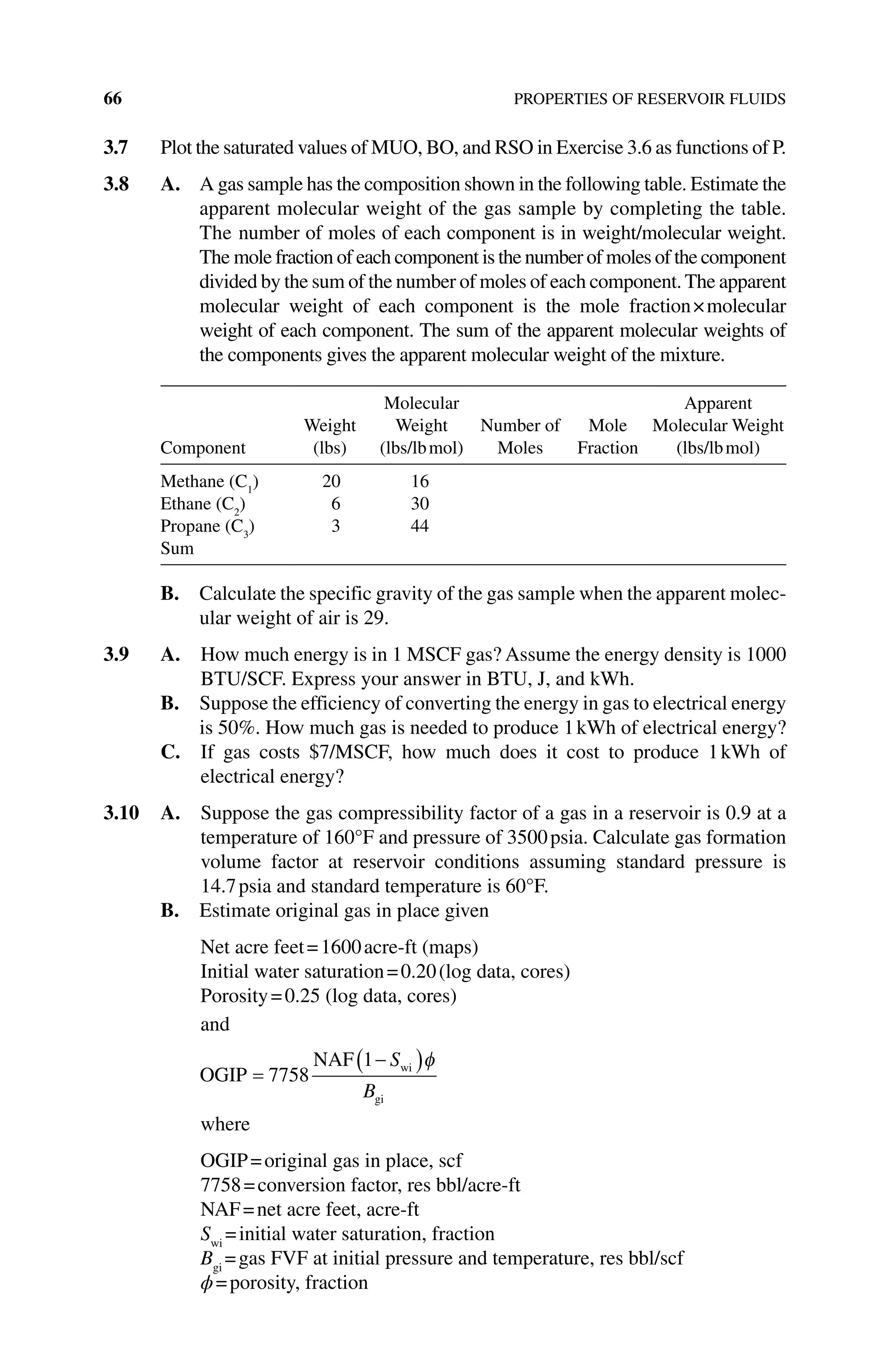 66 PROPERTIES OF RESERVOIR FLUIDS
3.7 Plot the saturated values of MUO, BO, and RSO in Exercise 3.6 as functions of P.
3.8 A. 
A gas sample has the composition shown in the following table. Estimate the
apparent molecular weight of the gas sample by completing the table.
The number of moles of each component is in weight/molecular weight.
The mole fraction of each component is the number of moles of the component
divided by the sum of the number of moles of each component. The apparent
­
molecular weight of each component is the mole fraction×molecular
weight of each ­
component. The sum of the apparent molecular weights of
the ­
components gives the apparent molecular weight of the mixture.
Component
Weight
(lbs)
Molecular
Weight
(lbs/lbmol)
Number of
Moles
Mole
Fraction
Apparent
Molecular Weight
(lbs/lbmol)
Methane (C1
) 20 16
Ethane (C2
) 6 30
Propane (C3
) 3 44
Sum
B. Calculate the specific gravity of the gas sample when the apparent molec-
ular weight of air is 29.
3.9 A. 
How much energy is in 1 MSCF gas? Assume the energy density is 1000
BTU/SCF. Express your answer in BTU, J, and kWh.
B. Suppose the efficiency of converting the energy in gas to electrical energy
is 50%. How much gas is needed to produce 1kWh of electrical energy?
C. 
If gas costs $7/MSCF, how much does it cost to produce 1kWh of
electrical energy?
3.10 A. 
Suppose the gas compressibility factor of a gas in a reservoir is 0.9 at a
­
temperature of 160°F and pressure of 3500psia. Calculate gas formation
volume factor at reservoir conditions assuming standard pressure is
14.7psia and standard temperature is 60°F.
B. 
Estimate original gas in place given
Net acre feet=1600acre‐ft (maps)
Initial water saturation=0.20(log data, cores)
Porosity=0.25 (log data, cores)
and
OGIP
NAF wi
gi
=
−
( )
7758
1 S
B
φ
where
OGIP=original gas in place, scf
7758=conversion factor, res bbl/acre‐ft
NAF=net acre feet, acre‐ft
Swi
=initial water saturation, fraction
Bgi
=gas FVF at initial pressure and temperature, res bbl/scf
ϕ=porosity, fraction
 