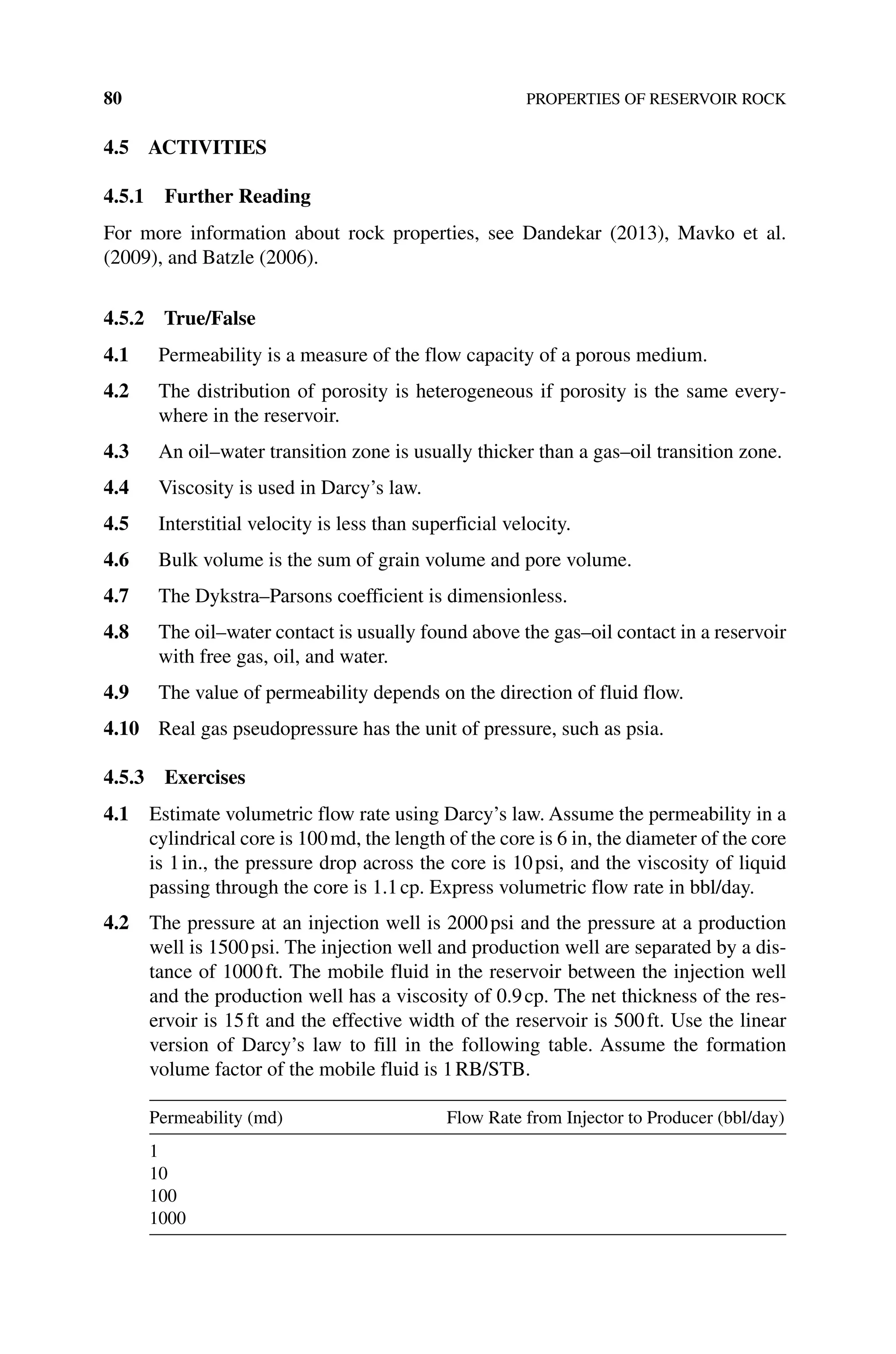 80 PROPERTIES OF RESERVOIR ROCK
4.5 ACTIVITIES
4.5.1 Further Reading
For more information about rock properties, see Dandekar (2013), Mavko et al.
(2009), and Batzle (2006).
4.5.2 True/False
4.1 Permeability is a measure of the flow capacity of a porous medium.
4.2 The distribution of porosity is heterogeneous if porosity is the same every-
where in the reservoir.
4.3 An oil–water transition zone is usually thicker than a gas–oil transition zone.
4.4 Viscosity is used in Darcy’s law.
4.5 Interstitial velocity is less than superficial velocity.
4.6 Bulk volume is the sum of grain volume and pore volume.
4.7 The Dykstra–Parsons coefficient is dimensionless.
4.8 The oil–water contact is usually found above the gas–oil contact in a reservoir
with free gas, oil, and water.
4.9 The value of permeability depends on the direction of fluid flow.
4.10 Real gas pseudopressure has the unit of pressure, such as psia.
4.5.3 Exercises
4.1 Estimate volumetric flow rate using Darcy’s law. Assume the permeability in a
cylindrical core is 100md, the length of the core is 6 in, the diameter of the core
is 1in., the pressure drop across the core is 10psi, and the viscosity of liquid
passing through the core is 1.1cp. Express volumetric flow rate in bbl/day.
4.2 The pressure at an injection well is 2000psi and the pressure at a production
well is 1500psi. The injection well and production well are separated by a dis-
tance of 1000ft. The mobile fluid in the reservoir between the injection well
and the production well has a viscosity of 0.9cp. The net thickness of the res-
ervoir is 15ft and the effective width of the reservoir is 500ft. Use the linear
version of Darcy’s law to fill in the following table. Assume the formation
volume factor of the mobile fluid is 1RB/STB.
Permeability (md) Flow Rate from Injector to Producer (bbl/day)
1
10
100
1000
 