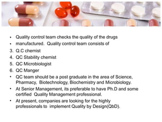 •
•
•
•
•
Quality control team checks the quality of the drugs
manufactured. Quality control team consists of
3. Q.C chemist
4. QC Stability chemist
5. QC Microbiologist
6. QC Manger
QC team should be a post graduate in the area of Science,
Pharmacy, Biotechnology, Biochemistry and Microbiology.
At Senior Management, its preferable to have Ph.D and some
certified Quality Management professional.
At present, companies are looking for the highly
professionals to implement Quality by Design(QbD).
 