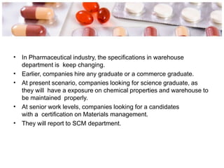 • In Pharmaceutical industry, the specifications in warehouse
department is keep changing.
Earlier, companies hire any graduate or a commerce graduate.
At present scenario, companies looking for science graduate, as
they will have a exposure on chemical properties and warehouse to
be maintained properly.
At senior work levels, companies looking for a candidates
with a certification on Materials management.
They will report to SCM department.
•
•
•
•
 