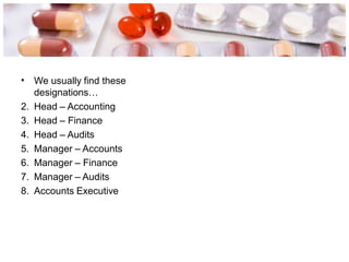 • We usually find these
designations…
2. Head – Accounting
3. Head – Finance
4. Head – Audits
5. Manager – Accounts
6. Manager – Finance
7. Manager – Audits
8. Accounts Executive
 