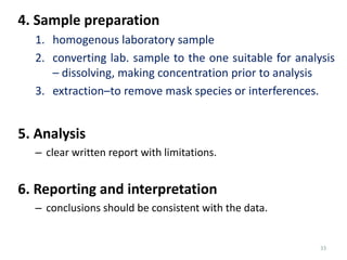 33
4. Sample preparation
1. homogenous laboratory sample
2. converting lab. sample to the one suitable for analysis
– dissolving, making concentration prior to analysis
3. extraction–to remove mask species or interferences.
5. Analysis
– clear written report with limitations.
6. Reporting and interpretation
– conclusions should be consistent with the data.
 