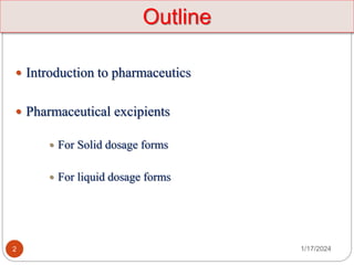 Outline
1/17/2024
2
 Introduction to pharmaceutics
 Pharmaceutical excipients
 For Solid dosage forms
 For liquid dosage forms
 