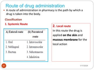 Route of drug administration
 A route of administration in pharmacy is the path by which a
drug is taken into the body.
Classification
1. Systemic Route
2. Local route
In this route the drug is
applied on the skin and
mucous membrane for the
local action
1/17/2024
67
 