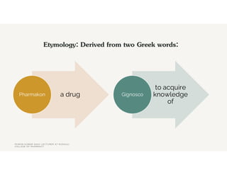 Etymology: Derived from two Greek words:
a drug
Pharmakon
to acquire
knowledge
of
Gignosco
P A W A N K U M A R S A H U L E C T U R E R A T R U D A U L I
C O L L E G E O F P H A R M A C Y
 