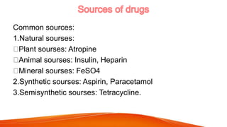 Common sources:
1.Natural sourses:
Plant sourses: Atropine
Animal sourses: Insulin, Heparin
Mineral sourses: FeSO4
2.Synth...