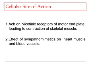 Cellular Site of Action
1.Ach on Nicotinic receptors of motor end plate,
leading to contraction of skeletal muscle.
2.Effect of sympathomimetics on heart muscle
and blood vessels.
 