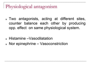 Physiological antagonism
■ Two antagonists, acting at different sites,
counter balance each other by producing
opp. effect on same physiological system.
■ Histamine –Vasodilatation
■ Nor epinephrine – Vasoconstriction
 