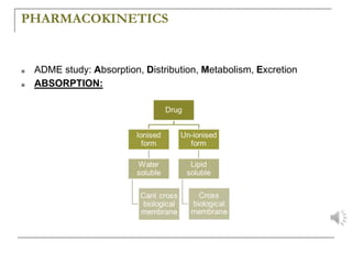 PHARMACOKINETICS
■ ADME study: Absorption, Distribution, Metabolism, Excretion
■ ABSORPTION:
 
