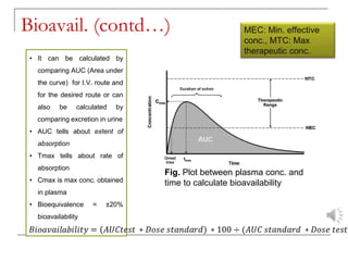 Bioavail. (contd…)
Fig. Plot between plasma conc. and
time to calculate bioavailability
• It can be calculated by
comparing AUC (Area under
the curve) for I.V. route and
for the desired route or can
also be calculated by
comparing excretion in urine
• AUC tells about extent of
absorption
• Tmax tells about rate of
absorption
• Cmax is max conc. obtained
in plasma
• Bioequivalence = ±20%
bioavailability
MEC: Min. effective
conc., MTC: Max
therapeutic conc.
 