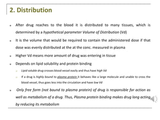 2. Distribution
■ After drug reaches to the blood it is distributed to many tissues, which is
determined by a hypothetical parameter Volume of Distribution (Vd)
■ It is the volume that would be required to contain the administered dose if that
dose was evenly distributed at the at the conc. measured in plasma
■ Higher Vd means more amount of drug was entering in tissue
■ Depends on lipid solubility and protein binding
❑ Lipid soluble drug crosses blood vessel easily and thus have high Vd
❑ If a drug is highly bound to plasma protein it behaves like a large molecule and unable to cross the
blood vessel, thus goes less into the circulation and have low Vd
■ Only free form (not bound to plasma protein) of drug is responsible for action as
well as metabolism of a drug. Thus, Plasma protein binding makes drug long acting
by reducing its metabolism
 