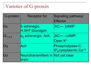Varieties of G-protein
G-protein Receptor for Signaling pathway/
Effector
Gs ß adrenegic,
H,5HT,Glucagon
AC— cAMP
Gi1,2,3 α2 adrenergic, Ach, AC— cAMP,
Open K+
Gq Ach Phospholipase-C,
IP3’cytoplasmic Ca+2
Go Neurotransmitters in
brain
Not yet clear
 