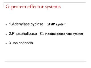G-protein effector systems
■ 1.Adenylase cyclase : cAMP system
■ 2.Phospholipase –C: Inositol phosphate system
■ 3. Ion channels
 