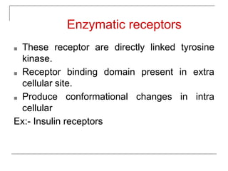 ■ These receptor are directly linked tyrosine
kinase.
■ Receptor binding domain present in extra
cellular site.
■ Produce conformational changes in intra
cellular
Ex:- Insulin receptors
Enzymatic receptors
 