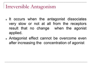 Irreversible Antagonism
■ It occurs when the antagonist dissociates
very slow or not at all from the receptors
result that no change when the agonist
applied.
■ Antagonist effect cannot be overcome even
after increasing the concentration of agonist
 