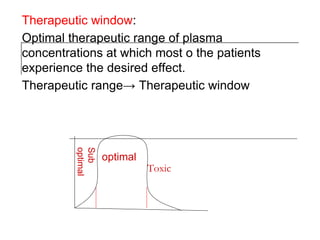 Toxic
Therapeutic window:
Optimal therapeutic range of plasma
concentrations at which most o the patients
experience the desired effect.
Therapeutic range→ Therapeutic window
Sub
optimal
optimal
 