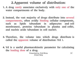 Presented by: Prof.Mirza
Anwar Baig
57
2.Apparent volume of distribution:
1. A drug rarely associates exclusively with onl...