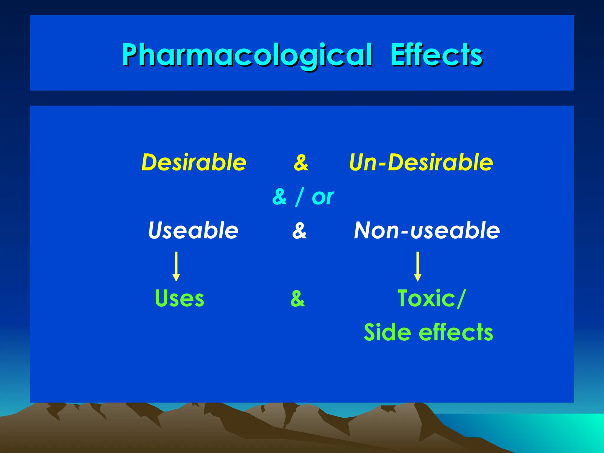 Pharmacological Effects
Pharmacological Effects
Desirable & Un-Desirable
& / or
Useable & Non-useable
Uses & Toxic/
Side effects
 