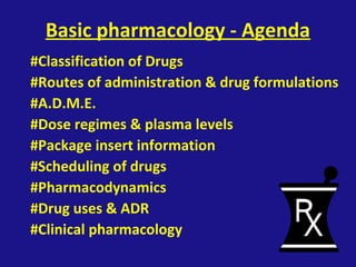 Basic pharmacology - Agenda
#Classification of Drugs
#Routes of administration & drug formulations
#A.D.M.E.
#Dose regimes & plasma levels
#Package insert information
#Scheduling of drugs
#Pharmacodynamics
#Drug uses & ADR
#Clinical pharmacology
 