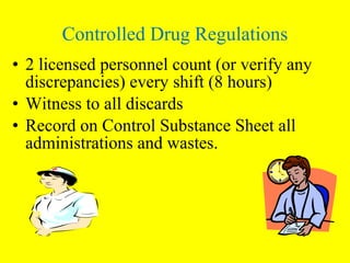 • 2 licensed personnel count (or verify any
discrepancies) every shift (8 hours)
• Witness to all discards
• Record on Control Substance Sheet all
administrations and wastes.
Controlled Drug Regulations
 