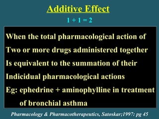 Additive Effect
When the total pharmacological action of
Two or more drugs administered together
Is equivalent to the summation of their
Indicidual pharmacological actions
Eg: ephedrine + aminophylline in treatment
of bronchial asthma
When the total pharmacological action of
Two or more drugs administered together
Is equivalent to the summation of their
Indicidual pharmacological actions
Eg: ephedrine + aminophylline in treatment
of bronchial asthma
Pharmacology & Pharmacotherapeutics, Satoskar;1997: pg 45
1 + 1 = 2
 