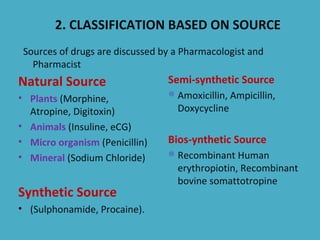 2. CLASSIFICATION BASED ON SOURCE
Natural Source
• Plants (Morphine,
Atropine, Digitoxin)
• Animals (Insuline, eCG)
• Micro organism (Penicillin)
• Mineral (Sodium Chloride)
Synthetic Source
• (Sulphonamide, Procaine).
Semi-synthetic Source
Amoxicillin, Ampicillin,
Doxycycline
Bios-ynthetic Source
Recombinant Human
erythropiotin, Recombinant
bovine somattotropine
Sources of drugs are discussed by a Pharmacologist and
Pharmacist
 