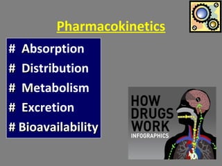 Pharmacokinetics
# AAbsorption
# D# Distribution
# M# Metabolism
# E# Excretion
# Bioavailability# Bioavailability
 