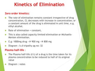 Classification: CONFIDENTIAL
Kinetics of Elimination
Zero order kinetics:
 The rate of elimination remains constant irrespective of drug
concentration, CL decreases with increase in concentration; or
a constant amount of the drug is eliminated in unit time, e.g.
ethyl alcohol.
 Rate of elimination = constant.
 This is also called capacity limited elimination or Michaelis-
Menten elimination.
 E.g: 1000mg drug - 900 mg - 800 mg
 Diagram : k.d tripathy pg no: 32
Plasma half-life :
 The Plasma half-life (t½) of a drug is the time taken for its
plasma concentration to be reduced to half of its original
value
 Diagram : notes
 