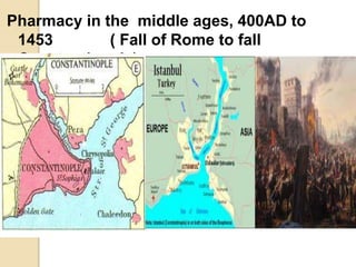 Pharmacy in the middle ages, 400AD to
1453 ( Fall of Rome to fall
Constantinople)
 