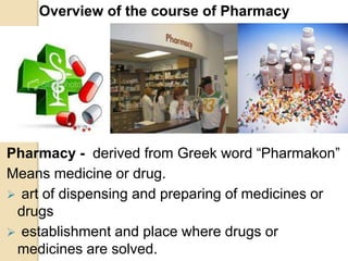 Overview of the course of Pharmacy
Pharmacy - derived from Greek word “Pharmakon”
Means medicine or drug.
 art of dispensing and preparing of medicines or
drugs
 establishment and place where drugs or
medicines are solved.
 