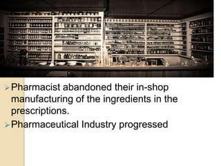 Pharmacist abandoned their in-shop
manufacturing of the ingredients in the
prescriptions.
Pharmaceutical Industry progressed
 