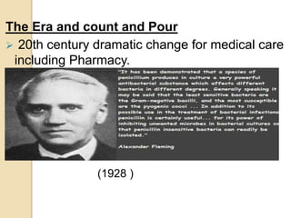 The Era and count and Pour
 20th century dramatic change for medical care
including Pharmacy.
(1928 )
 