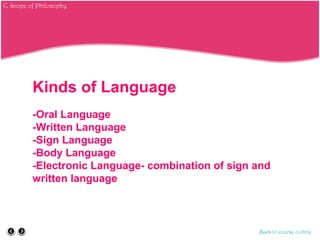 Kinds of Language
-Oral Language
-Written Language
-Sign Language
-Body Language
-Electronic Language- combination of sign and
written language
Back to course outline
C. Scope of Philosophy
 