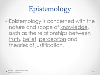 Epistemology
• Epistemology is concerned with the
nature and scope of knowledge,
such as the relationships between
truth, belief, perception and
theories of justification.
Aurora Computer Studies
(www.auroracs.lk)
11
 