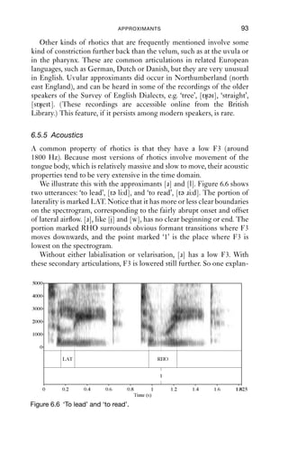 92              AN INTRODUCTION TO ENGLISH PHONETICS

usually clear; but other articulations are found too, such as alveolar
fricatives. These are not like [z], because the tongue shape is not right to
produce the narrow channel needed for this. The friction is generated
with the tongue tip at the alveolar ridge, and the articulation is the same
as that for [ɹ] except that there is close instead of open approximation.
There is no speciﬁc symbol for this sound, but one can be composed
from the symbol [ɹ] with the diacritic [ ], which stands for a closer
articulation, giving [ɹ ].
   Another common variant of [r] in South Africa is a tap, [ɾ]. Taps are
produced with a short movement of the tongue tip towards the alveolar
ridge which makes a closure of short duration. Taps are therefore not
approximants, but stops. Taps occur in very conservative varieties of RP
especially between vowels, and can be commonly heard in old British
ﬁlms. Nowadays, taps for rhotics most commonly occur in Anglo-
English only after [θ], where they tend also to be voiceless, as in ‘three’,
[θɾi]. Taps are also common realisations of [r] in Liverpool (England)
and Scotland. They may be voiced or voiceless, and when voiceless they
often have a lot of friction accompanying them. The voiceless taps seem
to come utterance ﬁnally or next to a voiceless consonant, as in ‘winter
time’ and ‘shirt’, which can both have the cluster [ɾt]. Taps are also
variants of [t] and [d] and are discussed in more detail in Chapter 7.

6.5.4 Non-alveolar articulations
Rhotics need not be alveolar, as we have seen. They may also be labio-
dental (usually with some kind of velarisation), though this is most often
a feature of an individual’s speech rather than of a whole community.
   Rhotics can also be produced at places of articulation further back
than alveolar. One such type of rhotic is produced by combining
retroﬂexion (i.e. backward curling of the tongue) and approximation,
giving the sound [ ], often known as ‘curled-r’ in the USA. This kind of
articulation is also generally accompanied by labiovelarisation, and is
found in many parts of the Western USA and in some parts of England.
   A similar sound to this is known as ‘bunched-r’ or ‘molar-r’ and has no
IPA symbol. It is descibed by Laver (1994: 302) as made not with the
tongue tip (which is retracted), but with the tongue body, which is raised
up to the back of the hard palate and the front of the soft palate (velum),
roughly the same location as the ﬁrst molar teeth (hence the name
‘molar-r’). For retroﬂex sounds, the surface of the tongue behind the
tip is concave; but for molar-r the tongue shape is domed, or convex.
These two sounds are very alike auditorily, and they are both found in
the Western USA.
 