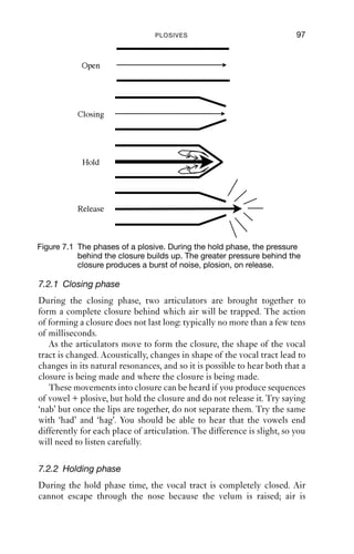 7 Plosives



                                           7.1 Introduction
                                           Plosives are among the most variable and complex sounds in English.
                                           The aim of this chapter is to demonstrate and explore some of this
                                           complexity.

                                           Table 7.1 Plosives in English.
                                                                Place of articulation
                                                                Bilabial         Alveolar    Velar
                                           Voicing              (labial)         (coronal)   (dorsal)      Glottal
                                           Voiceless            p                t           k             ʔ
                                           Voiced               b                d

                                              The precise place of articulation for plosives is highly dependent on
SWIN|KCrEIB1Qqc8svpQueSEh0w==|1282029329




                                           the context. Table 7.1 uses the terms labial, coronal and dorsal to reﬂect
                                           this variability in place of articulation. These terms are commonly used
                                           in phonology, and they refer to active articulators: lips, tongue tip/blade
                                           and tongue back. Glottal stops are common in English and so are
                                           included in Table 7.1.
                                              By the end of the chapter, you will understand how it comes to be
                                           that the apparently simple plosive system of English is phonetically very
                                           rich.

                                           7.2 Overview of the production of plosives
                                           Throughout the articulation of plosives, the velum is raised, sealing off
                                           the nasal cavities so air cannot escape through the nose.
                                              Plosives have three main phases: closing (C), hold (H) and release (R).
                                           In this section, we will look at these phases in more detail.


                                                                                 96
 