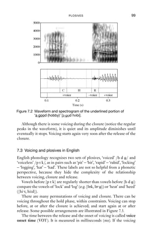 98              AN INTRODUCTION TO ENGLISH PHONETICS

trapped behind the closure. However, the lungs are still forcing air out
of the vocal tract, so the pressure behind the closure builds up. You can
feel the build-up of pressure behind a closure if you make a closure at
the lips (as for [p] or [b]), and then make a conscious effort to breathe
out. This is an exaggerated version of what happens in speech, but the
mechanism is essentially the same.
   The duration of the hold phase depends on many factors. In citation
form and when before a pause, the hold phase is longer for [p t k] than
for [b d ]. In other conditions (such as connected speech, like conver-
sation), the average hold duration for all kinds of plosive is somewhere
around 50 ms.

7.2.3 The release (plosion)
Finally, the two articulators are released, letting out the air trapped
behind the closure. Because this air is at a higher pressure than the air
on the other side of the closure, the release generates a transient burst
of noise. This part of a plosive is often called the ‘(plosive) burst’; the
word ‘plosive’ is related to the word ‘explode’. It lasts no more than a
few milliseconds.
   If you say [apa ata aka aba ada a a] and you hold the back of your
hand 2–3 cm away from your lips, you will feel this burst on your hand –
more strongly for [p t k] than [b d ], and probably most strongly for
[p b] because the volume of air behind the closure is greatest for
bilabials, and the hand is close to the source of the noise.
   If a complete closure is made by raising the tongue tip to the alveolar
ridge, then it is usually released by lowering the tongue tip from there,
with the sides of the tongue moving symmetrically. The same is true
for labials and dorsals. Such plosives are centrally released, with oral
escape. Central release is the normal release for English plosives. We will
look at other types of release later.

7.2.4 Simple acoustics of plosives
The three phases of a typical plosive can be seen in a waveform and
spectrogram as in Figure 7.2, which shows a voiced velar plosive between
two vowels, in ‘a good (hobby)’.
   During the closing phase, the formants move slightly. These move-
ments are called transitions. They correspond to movements of the
articulators into the closure. During the hold phase, the amplitude
drops signiﬁcantly because there is no airﬂow through the vocal tract. On
release, there is a transient burst, seen as a sudden increase in energy, in
the waveform and the spectrogram.
 