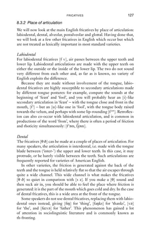 126             AN INTRODUCTION TO ENGLISH PHONETICS

5000

4000

3000

2000

1000

   0




                                     FRIC
                          V off                    V on
       0       0.1         0.2        0.3            0.4     0.5         0.6
                                    Time (s)
Figure 8.7 Spectrogram of ‘looser’, with friction (FRIC) and the offset and
           onset of voicing (V off, V on) marked.




5000

4000

3000

2000

1000

   0




                                            FRIC
                                    V off          V on
       0       0.1         0.2        0.3            0.4     0.5         0.6
                                    Time (s)

Figure 8.8 Spectrogram of ‘loser’, with friction (FRIC) and the offset and
           onset of voicing (V off, V on) marked.
 