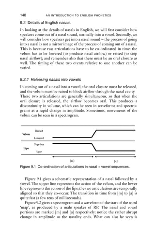 NASALS                                139

they require the velum to be lowered. This lowering of the velum is what
allows air to ﬂow out of the vocal tract via the nasal cavity. Learning to
control the raising and lowering of the velum is not very easy, since most
people are not aware of the velum. One way to become more aware is to
open the jaw (as if to make an [ɑ] sound), and then breathe in through
the nose, but breathe out through the mouth, and then repeat this. At the
transition between breathing in through the nose and out through the
mouth, you might hear a quiet popping sound as the velum is lowered.
This can make you more aware of the velum’s position.
   Secondly, nasal consonants require a complete closure to be made
somewhere in the vocal tract: the oral gestures for [m n ŋ] are the same
as those for [b d ] except that the velum is raised for [b d ] and lowered
for [m n ŋ]. For this reason, nasals are often classed as ‘stops’, alongside
plosives: in this case, the term ‘stop’ refers to a sound with a complete
constriction in the oral tract, rather than a complete constriction in the
vocal tract as a whole.
   Thirdly, nasals in English are voiced.
   Most of these the properties of nasals can be tested simply. Make a
long nasal sound such as [m ] or [n ], and then pinch your nose. You
should ﬁnd that the sound cannot be sustained for very much longer
once the nose is pinched: this is because the closure in the vocal tract
seals off airﬂow through the mouth, so there is no oral airﬂow; and by
pinching the nose, airﬂow through the nose is also blocked.
   Next, make a [s ] sound. You may be able to make a nasalised [s]
sound, [s ], by lowering the velum. If you achieve this, the amount of fric-
         ˜
tion will diminish rapidly as you move from [s] to [s ], and the fricative
                                                       ˜
will sound weak and ‘thin’ compared to [s]. However, you can restore
some of the volume to [s ] by pinching the nose again, blocking nasal
                           ˜
airﬂow.
   Finally, try a simple experiment with a friend. Make nasals at a few
places of articulation, including labial, labiodental, dental, alveolar and
postalveolar; but do this out of sight, e.g. with your back turned or with
your hands in front of your mouth, so that they cannot see the articu-
lation. Ask them to guess the place of articulation. Most likely, they will
not be very successful. The reason is that that nasals are not, by them-
selves, very distinctive, because the nasal cavity absorbs a lot of acoustic
energy. Most information about place of articulation for nasals is located
in the transitions into and out of the nasal occlusion which correspond
to the closing phase of plosives.
 