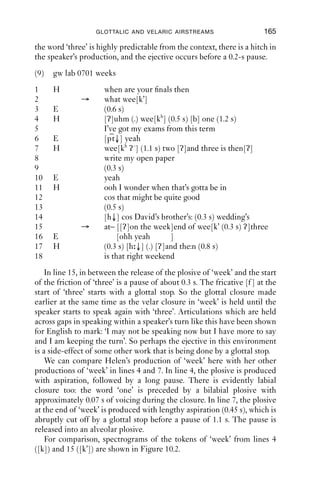 164               AN INTRODUCTION TO ENGLISH PHONETICS

a glottal constriction is also made simultaneously with an oral con-
striction; but is released after the release of the oral constriction. So ejec-
tives involve a rearrangement in time of the constrictions needed to
produce glottally reinforced voiceless plosives.
   Another explanation for ejectives in English lies in the fact that the
plosive release of ejectives is typically loud (or at least louder than
the release of the corresponding pulmonic sound): this enhances the
audibility of the burst, and makes it easier to perceive the place of
articulation of the plosive.
   Here are some examples of ejectives taken from a narrative by a
woman from Aberdeen in her early twenties. She is telling about apply-
ing for a job. (Timings between brackets within transcriptions mark
pauses in the speaker’s talk; e.g. (0.5 s) means the speaker is not talking
for 0.5 seconds.)
(8) Ab KU23F CS
      (a) so that was quite lengthy to ﬁll all that ou[t’] (0.7 s) [th↓] and I
          was really nervous
      (b) so they told me about th[a ʔt’ a n dh] (0.8 s) they didn’t
          really …
      (c) they didn’t ask for speciﬁc examples which was gr[e t’ h↓ a n dh]
          (0.5 s) [p t↓] after that I had to …
    The ejectives here all come in the context of a pause in her talk, either
immediately or shortly after the ejective. In (a), the ejective comes before
a pause, which is exited with an audible percussive alveolar release,
followed immediately by an in-breath (marked here with [th↓]). In (c)
too, there is an in-breath just after the ejective. In (b) and (c), the ejective
is followed by a long production of ‘and’ which starts with creaky voice:
we might expect creak after a glottal closure, as the vocal folds start to
vibrate modally again. In all these cases, the speaker continues speaking
after the stretch which contains the ejective.
    In the extract in (9) below, a conversation between two students from
the north of England, there are two ejectives: one turn-ﬁnally, the other
in the middle of a turn.
    The turn-ﬁnal ejective is in line 2, a reformulation of a question
(line 1) which makes it more speciﬁc what kind of answer is required
(a reference to which week in term, rather than, e.g. a calendar date like
‘15 June’). This one is at a place in the conversation where the other
person can be expected to talk next.
    The turn-medial one comes in line 15 between the words ‘week’ and
‘three’, which is part of a list (week one, week two, week three). Although
 