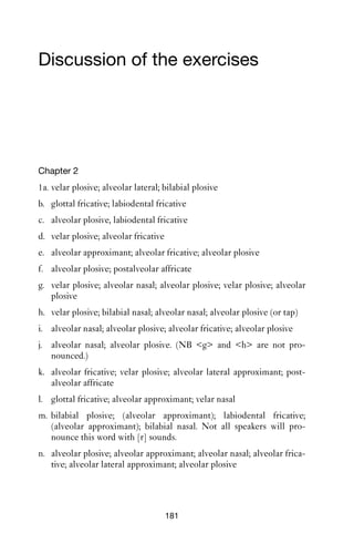 180               AN INTRODUCTION TO ENGLISH PHONETICS

  consonants. Vowels are voiced oral resonant sounds made with central
  airﬂow. Vowels may occasionally be voiceless or nasalised. Vowels are
  described in terms of height, frontness/backness and lip posture.
vowel frontness/backness – One of three dimensions for describing vowels.
  The IPA recognises three arbitrary points along a continuum: front, central
  and back.
vowel height – One of three dimensions for describing vowels. The IPA recog-
  nises four arbitrary points along a continuum: close, close-mid, open-mid
  and open. ‘High’ and ‘low’ are sometimes used instead of ‘close’ and ‘open’
  respectively.
vowel – lip posture – One of three dimensions for describing vowels. The lips
  can be held in a number of postures, such as spread and close (as for CV1 [i]),
  compressed and protruded (as for CV8, [u]) or open and rounded (as for [ɒ]).
  The IPA represents lip postures implicitly in symbols.
vowel quadrilateral – The four-cornered chart which is used to represent the
  vowel space.
vowel space – An abstract space which represents the possible conﬁgurations of
  the vocal tract that produce vowels. Articulations outside the vowel space
  generate friction and are consonantal.
waveform – A graphical representation with time on the horizontal axis and
  sound pressure level on the vertical axis.
whisper – A type of voice quality where the vocal folds are narrowed, so as to
  produce turbulent airﬂow across the glottis. The vocal folds do not vibrate in
  whisper.
yod-dropping – A term applied to some varieties of English which have no [j]
  sound after alveolars before [u] in words such as ‘dew’, ‘new’, [d(j)u , n(j)u ].
 