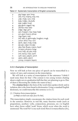 26              AN INTRODUCTION TO ENGLISH PHONETICS

                                           Table 3.1 Systematic transcription of English consonants.
                                                p    pip, happy, spot, lamp
                                                t    take, hot, matting, stop, rant
                                                k    cake, sticky, scan, rank
                                                b    baby, hobby, rub, bulb
                                                d    dad, rudder, hand
                                                     gig, ghost, ragged, rag
                                             tʃ      church, inch, itchy
                                             d       judge, edgy, gem
                                             m       mat, hammer, ram, lamp, lamb
                                             n       not, gnat, honour, phone
                                                ŋ    sing, finger, rank
                                                f    fall, offer, if, philosophy, laughter, rough
                                                v    velvet, delve, love, over
                                                θ    think, ether, truth, tenth
                                                ð    though, rather, breathe
                                                ʃ    ship, fish, Russia, station, facial
                                                     invasion, pleasure, beige
                                             l       look, hilly, all, play, help
                                             r       red, erro(r), sorry, write
                                             w       wall, away, (wh)ite, witch
                                            ( )      white, while, which
                                             j       young, computer, beauty


                                           3.2.5 Examples of transcription
                                           Now we will look at how one piece of speech can be transcribed in a
SWIN|KCrEIB1Qqc8svpQueSEh0w==|1282029167




                                           variety of ways, and comment on the transcription.
                                              We will look at a series of transcriptions of the utterance ‘I think I
                                           need some shoes for that.’ (The context is two young women chatting
                                           about a night out at a graduation ball that they are planning to go to. One
                                           of them is discussing the clothes she wants to buy.)
                                              The citation form is the form of the word when spoken slowly and in
                                           isolation; this is the form found in dictionaries. Using a standard English
                                           dictionary, we could transcribe this sentence as in (1):
                                           (1) Citation form transcription:
                                               [ai θiŋk ai ni d s m nju ʃu z fɔ ðat].
                                           This transcription simply concatenates the citation forms for each word
                                           in the sentence. However, in real life, many function words (such as
                                           prepositions, auxiliary verbs, conjunctions, pronouns, etc.) in English
                                           have other forms called ‘weak’ forms, which occur when the word is
                                           unstressed. The word ‘for’ is one such word. Here it is transcribed as [fɔ ],
 