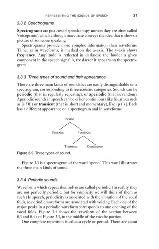 REPRESENTING THE SOUNDS OF SPEECH                      31

3.3.2 Spectrograms
Spectrograms are pictures of speech: in spy movies they are often called
‘voiceprints’, which although inaccurate conveys the idea that it shows a
picture of someone speaking.
   Spectrograms provide more complex information than waveforms.
Time, as in waveforms, is marked on the x-axis. The y-axis shows
frequency. Amplitude is reﬂected in darkness: the louder a given
component in the speech signal is, the darker it appears on the spectro-
gram.

3.3.3 Three types of sound and their appearance
There are three main kinds of sound that are easily distinguishable on a
spectrogram, corresponding to three acoustic categories. Sounds can be
periodic (that is, regularly repeating), or aperiodic (that is, random).
Aperiodic sounds in speech can be either continuous (like fricatives such
as [s f θ]) or transient (that is, short and momentary), like [p t k]. Each
has a different appearance on a spectrogram and in waveforms.

                                Sound



                     Periodic               Aperi
                                            Aperiodic
                                                iodic



                                Transient
                                Transient         Continuous
Figure 3.2 Three types of sound.

   Figure 3.3 is a spectrogram of the word ‘spend’. This word illustrates
the three main kinds of sound.

3.3.4 Periodic sounds
Waveforms which repeat themselves are called periodic. (In reality they
are not perfectly periodic, but for simplicity we will think of them as
such.) In speech, periodicity is associated with the vibration of the vocal
folds, so periodic waveforms are associated with voicing. Each one of the
major peaks in a periodic waveform corresponds to one opening of the
vocal folds. Figure 3.4 shows the waveform of the section between
0.3 and 0.4 s of Figure 3.3, in the middle of the vocalic portion.
   One complete repetition is called a cycle or period. There are about
 