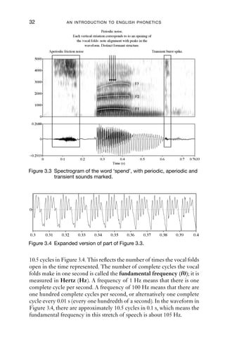 32                             AN INTRODUCTION TO ENGLISH PHONETICS

                                                       Periodic noise.
                                                                no
                                                                 oise.
                                  Each vertical striation correspo
                                                                 onds
                                                          corresponds to to an opening of
                                    the vocal folds: note alignment with peaks in the
                                                           alignm
                                                                ment
                                         waveform. Distinct formant structure.
                                                               for
                                                                 rmant
                  Aperiodic friction noise
                            frictio
                                  on                                                         Transient
                                                                                             Transient burst spike.

     5000


     4000


     3000                                                                      F3

     2000
                                                                               F2

     1000
                                                                               F1

        0

    0.2688



        0



-0.2919
–
             0           0.1           0.2           0.3         0.4                0.5           0
                                                                                                  0.6           0.7   0.7633
                                                             Tim
                                                             Time (s)
                                                               me

Figure 3.3 Spectrogram of the word ‘spend’, with periodic, aperiodic and
           transient sounds marked.




0




0.3              0.31     0.32        0.33       0.34       0.35        0.36          0.37        0.38        0.39      0.4

Figure 3.4 Expanded version of part of Figure 3.3.


10.5 cycles in Figure 3.4. This reﬂects the number of times the vocal folds
open in the time represented. The number of complete cycles the vocal
folds make in one second is called the fundamental frequency (f0); it is
measured in Hertz (Hz). A frequency of 1 Hz means that there is one
complete cycle per second. A frequency of 100 Hz means that there are
one hundred complete cycles per second, or alternatively one complete
cycle every 0.01 s (every one hundredth of a second). In the waveform in
Figure 3.4, there are approximately 10.5 cycles in 0.1 s, which means the
fundamental frequency in this stretch of speech is about 105 Hz.
 