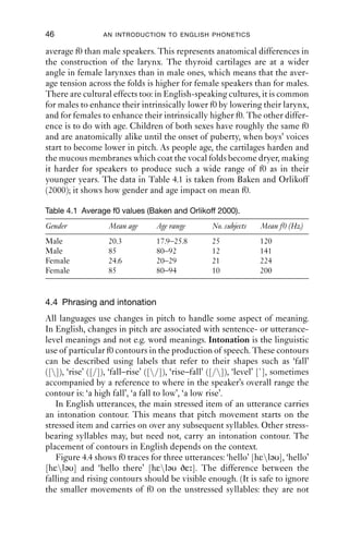 46                AN INTRODUCTION TO ENGLISH PHONETICS

average f0 than male speakers. This represents anatomical differences in
the construction of the larynx. The thyroid cartilages are at a wider
angle in female larynxes than in male ones, which means that the aver-
age tension across the folds is higher for female speakers than for males.
There are cultural effects too: in English-speaking cultures, it is common
for males to enhance their intrinsically lower f0 by lowering their larynx,
and for females to enhance their intrinsically higher f0. The other differ-
ence is to do with age. Children of both sexes have roughly the same f0
and are anatomically alike until the onset of puberty, when boys’ voices
start to become lower in pitch. As people age, the cartilages harden and
the mucous membranes which coat the vocal folds become dryer, making
it harder for speakers to produce such a wide range of f0 as in their
younger years. The data in Table 4.1 is taken from Baken and Orlikoff
(2000); it shows how gender and age impact on mean f0.

Table 4.1 Average f0 values (Baken and Orlikoff 2000).
Gender             Mean age        Age range        No. subjects   Mean f0 (Hz)
Male               20.3            17.9–25.8        25             120
Male               85              80–92            12             141
Female             24.6            20–29            21             224
Female             85              80–94            10             200


4.4 Phrasing and intonation
All languages use changes in pitch to handle some aspect of meaning.
In English, changes in pitch are associated with sentence- or utterance-
level meanings and not e.g. word meanings. Intonation is the linguistic
use of particular f0 contours in the production of speech. These contours
can be described using labels that refer to their shapes such as ‘fall’
([]), ‘rise’ ([/]), ‘fall–rise’ ([/]), ‘rise–fall’ ([/]), ‘level’ [`], sometimes
accompanied by a reference to where in the speaker’s overall range the
contour is: ‘a high fall’, ‘a fall to low’, ‘a low rise’.
   In English utterances, the main stressed item of an utterance carries
an intonation contour. This means that pitch movement starts on the
stressed item and carries on over any subsequent syllables. Other stress-
bearing syllables may, but need not, carry an intonation contour. The
placement of contours in English depends on the context.
   Figure 4.4 shows f0 traces for three utterances: ‘hello’ [hεləυ], ‘hello’
[hεləυ] and ‘hello there’ [hεləυ ðε ]. The difference between the
falling and rising contours should be visible enough. (It is safe to ignore
the smaller movements of f0 on the unstressed syllables: they are not
 