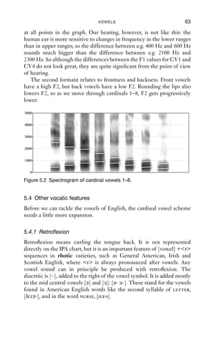 62               AN INTRODUCTION TO ENGLISH PHONETICS

                                           scriptions of English commonly use some of these symbols, so we will
                                           consider them in this section.
                                              The symbol [i] is commonly used for a short close spread vowel: the
                                           sound of RP or General American ‘bid’.
                                              The symbol [υ], in the opposite corner of the chart, stands in the same
                                           relation to [u] as [i] stands in to [i]: somewhat more central and open. It
                                           is often used to represent the vowel of the word ‘good’.
                                              Both [i] and [υ] are used to represent short vowels in opposition to the
                                           long vowels [i( )] and [u( )], as in pairs like ‘beat’ – ‘bit’, ‘book’ – ‘booed’
                                           in e.g. RP and General American. Because the short vowels are also
                                           different in quality, the opposition is sometimes know as ‘tense’ [i] and
                                           [u] vs ‘lax’ [i] and [υ].
                                              The symbol [æ] stands for a sound somewhere between CV3 and
                                           CV4. This is traditionally used to represent the short open vowel of the
                                           word ‘bad’ in many varieties. (The symbol was used traditionally to
                                           remind learners of English – especially French or German speakers –
                                           that the RP vowel is closer to [ε] than the [a]-like vowel found in many
                                           other languages.)
                                              In between close-mid and open-mid is the vowel [ə], sometimes
                                           called ‘schwa’. This stands for a mid central vowel, sometimes called a
                                           ‘neutral’ vowel, and it is used to transcribe unstressed vowels in words
                                           such as ‘sofa’, ‘banana’, ‘assume’, ‘today’. In varieties such as RP and
                                           Australian English, where r is only pronounced before vowels,
                                           unstressed syllables in words like ‘butter’, ‘letter’, ‘perhaps’ also have
                                           this vowel or the more open [ɐ]. Its precise quality is highly variable,
                                           partly because it is very short and strongly coloured by neighbouring
SWIN|KCrEIB1Qqc8svpQueSEh0w==|1282029252




                                           consonants; this is one reason why a ‘ﬂoat’ symbol, with no precise
                                           deﬁnition, can be a useful tool for transcription: it can cover a wide range
                                           of qualities in one symbol.

                                           5.3 The acoustics of vowels
                                           There is a relatively simple correspondence between tongue height,
                                           frontness and backness, and the relative positions of F1 and F2.
                                              Figure 5.2 shows spectrograms of the eight primary cardinal vowels.
                                           The formants are shown with white lines.
                                              The ﬁrst formant relates to vowel height. Close vowels have a low F1,
                                           and open vowels have a high F1. This means that CV1 [i] and CV8 [u]
                                           both have a low F1 of approximately the same value, while CV4 [a] and
                                           CV5 [ɑ] have an F1 which is comparatively high, because these vowels
                                           are both open. The scale used on spectrograms is normally linear, which
                                           means that e.g. an interval of 100 Hz is represented as an equal interval
 